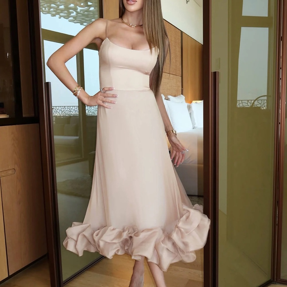 Post Meridiem Flounce Bustier Midi Dress in Gold, Size XXS - Picture 4 of 9
